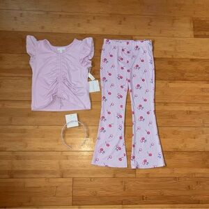NWT Girls Size 6 Lavender Cherry Print Outfit - Top Shirt & Flare Pants Set